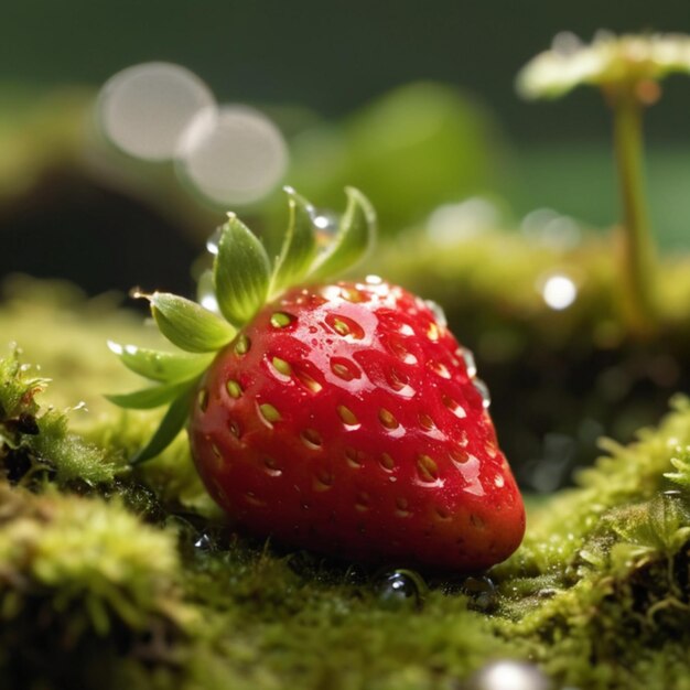 Captivating Scene A Ripe Strawberry on Lush Green Moss Under Sunlit Dew Drops