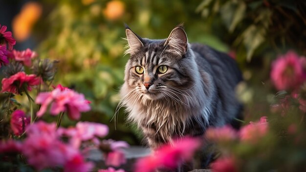 優雅な灰色の猫が緑豊かな庭園を巡る魅力的な旅に乗り出す魅惑的なシーン