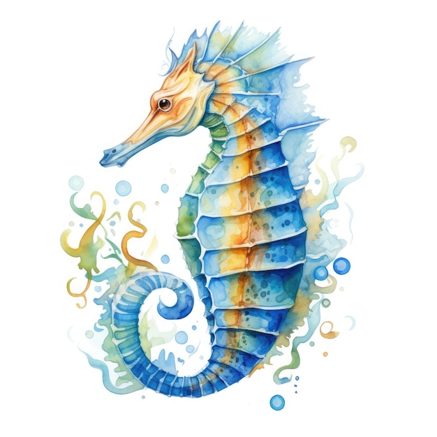 Captivating Sea Horse in High Definition Watercolor Painting on a White Background