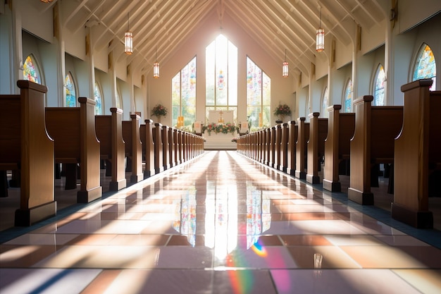 Foto rappresentazione affascinante e serena di un radioso interno della chiesa durante la funzione della domenica di pasqua