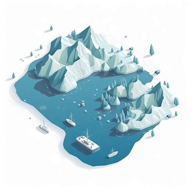Captivating Serenity A Tranquil Scenery of Fjords and Boats in Isometric Illustration
