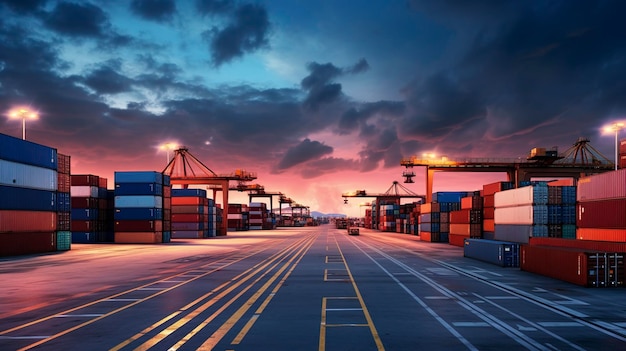 A captivating shot of a container yard with the sky changing colors at dusk