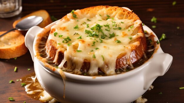 Photo a captivating shot featuring a warm and comforting bowl of french onion soup topped with a generous layer of broiled cheese that stretches invitingly with each sful