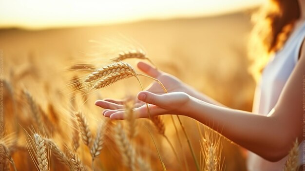 Captivating Shot of a Female Farmer39s Hand in a SunKissed Wheat Field Generative AI