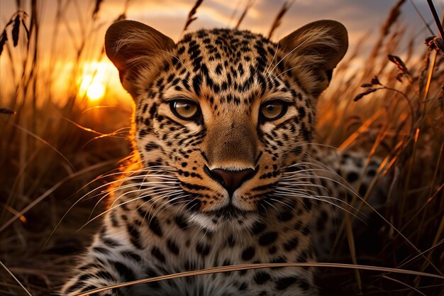 Увлекательный снимок величественного леопарда, блуждающего по золотой африканской саване при очаровательном закате.