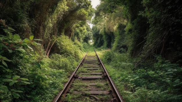 A captivating shot of an overgrown railway track