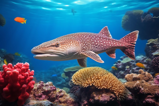 A captivating shot of a pike fish patrolling the vibrant coral landscape realistic photo