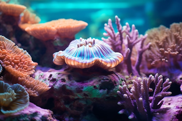 A captivating shot of a reef abalone patrolling the vibrant coral landscape realistic photo
