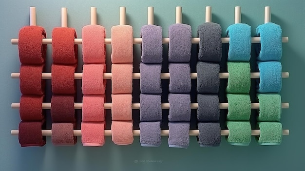 A captivating shot of a simple unadorned towel rack holding neatly folded plush towels creating a sense of order and serenity Generative AI