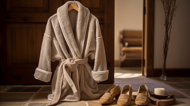 A captivating shot of a spa bathrobe and cozy slippers