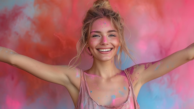 A captivating shot of a young woman engulfed in a swirl of vibrant powder paint her outstretched