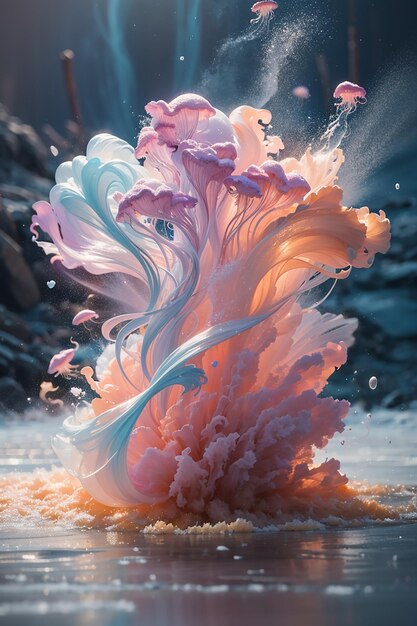 The captivating sight of pastel colored powder exploding resembling a jellyfish gracefully hovering above water