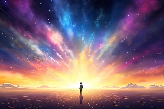 Captivating Sky A Magical Wallpaper Featuring a Shining Radiant Sky with a Small Girl Gazing