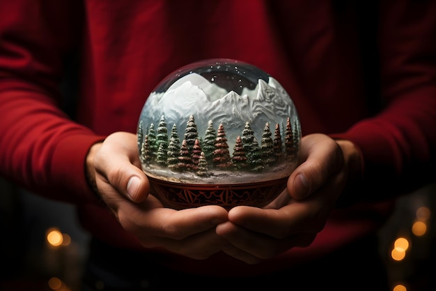 Captivating Snow Globe with a Glittering Winter Village Held in Hands generative ai