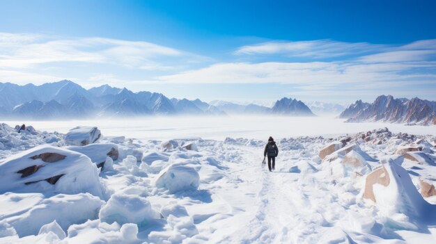 魅力 的 な 孤独 さ シベリア の 壮大な 冬 の 中 で 孤独 な 旅行 者 の 魅力的 な 出会い