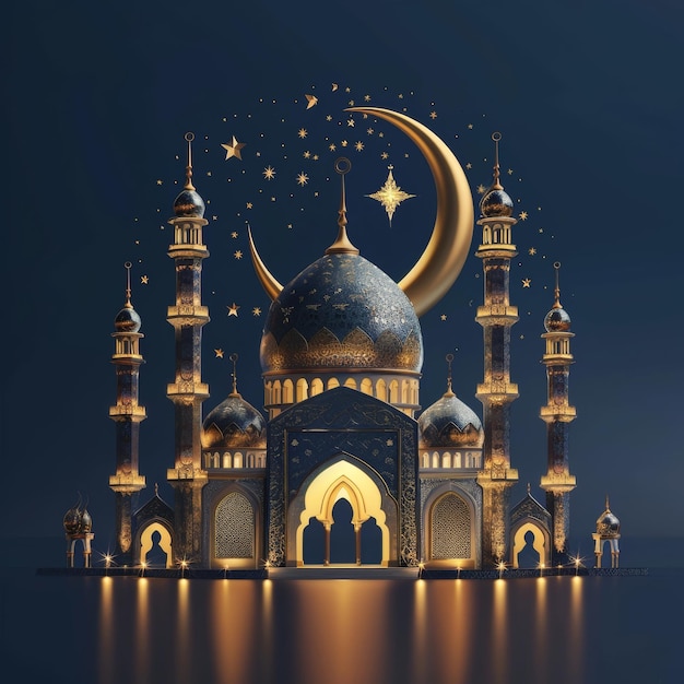 A captivating starry night backdrop with a beautifully ornate mosque bathed in golden light reflecting off tranquil waters below