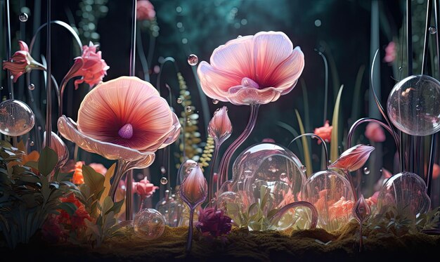 Photo captivating still life with glowing petals showcasing nature's beauty in a serene setting glassmorphism art ethereal display of vibrant flowers in a glass vase created with generative ai tools