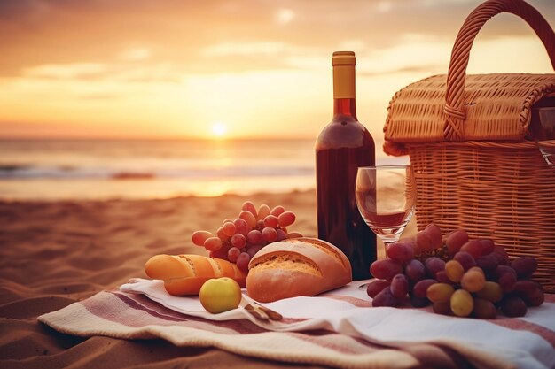 魅惑の夏の夕日 ロマンチックな砂浜ピクニック ジェネレーティブ・アイ