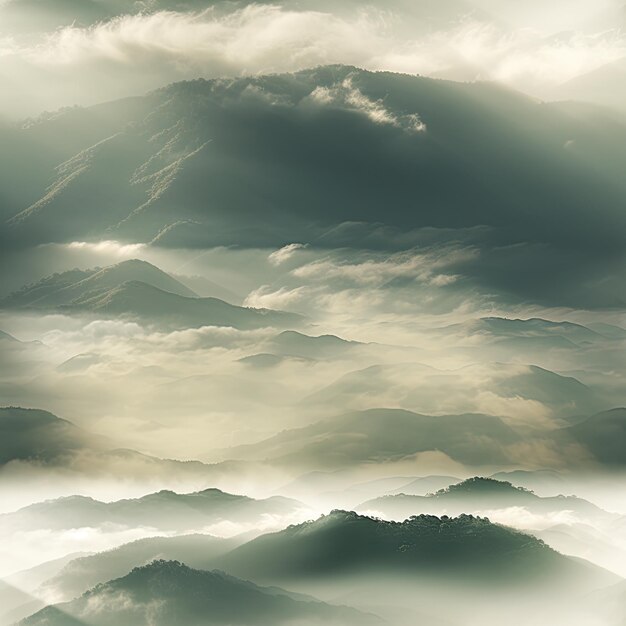 사진 안개 가 가득 한 산 들 을 가로질러 필터링 하는 매혹적 인 태양 광선