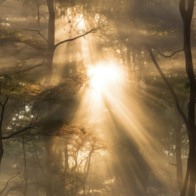 Photo captivating sunbeams filtering through misty trees