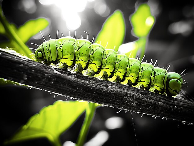 Photo captivating sunlit drama a caterpillar's unveiled life on a leaf