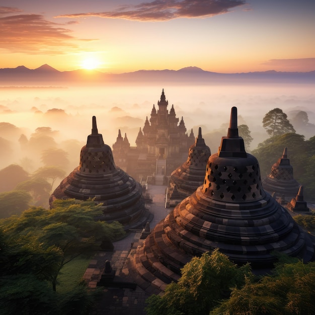 A captivating sunrise over the iconic Borobudur Temple in Indonesia