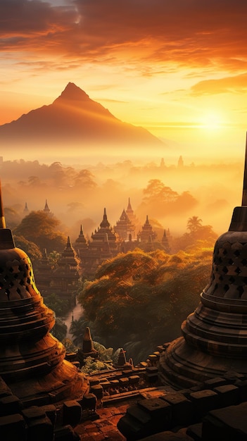 A captivating sunrise over the iconic borobudur temple in indonesia