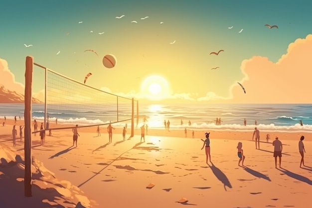 A captivating sunset backdrop for a lively game of volleyball on the beach