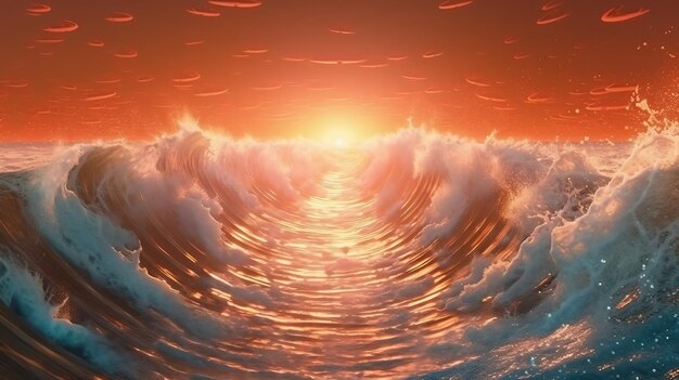 Captivating Sunset Serenade Witness the Majestic Power of a Breaking Wave in the Ocean Generative AI