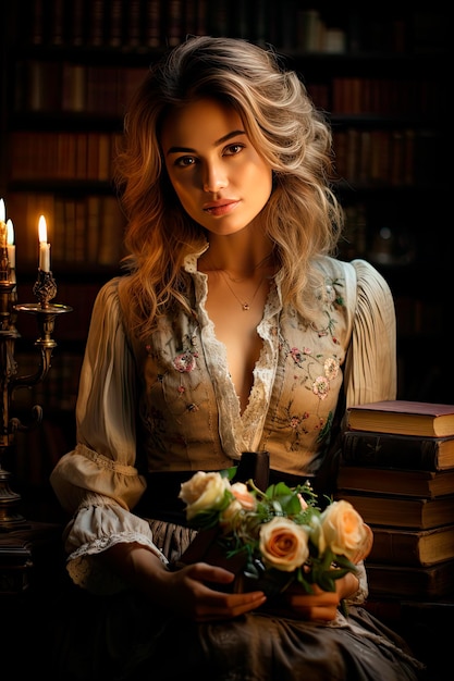 A captivating teacher with a pile of books in her arms Her presence exudes elegance and wisdom