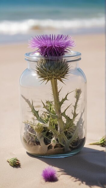 A captivating thistle flower jar amidst beach serenity ai generated