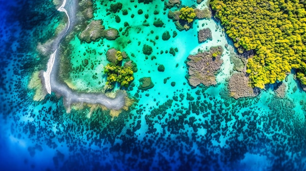 A captivating topdown aerial view of a tropical archipelago displaying the vibrant colors and patterns of island paradise