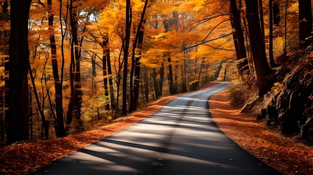 A captivating topdown shot of a scenic road surrounded by fall foliage