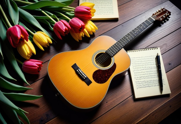 A captivating topdown view of an acoustic guitar resting on a wooden table