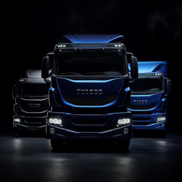 魅力的な三人組 黒いキャンバスに描かれた3台の鮮やかなイベコ車と大胆な青いトラック