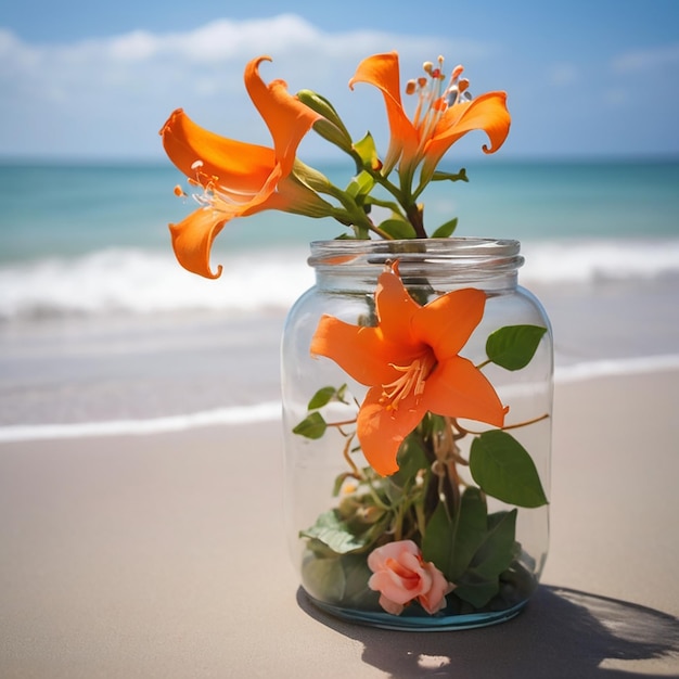 Photo a captivating trumpet vine flower jar amidst beach serenity ai generated