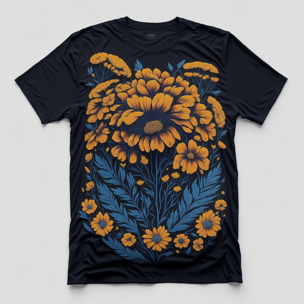 A captivating tshirt graphic with a flat illustration of classic marigolds