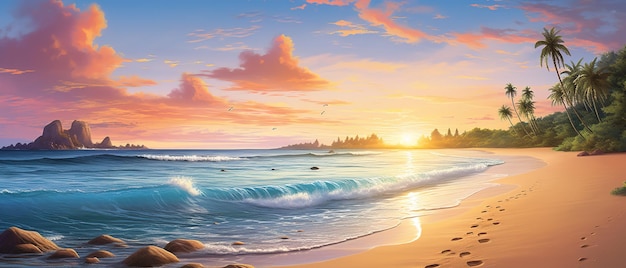 Captivating ultrawide beach scene of a paradise beach at sunrise a dreamy coastal landscape