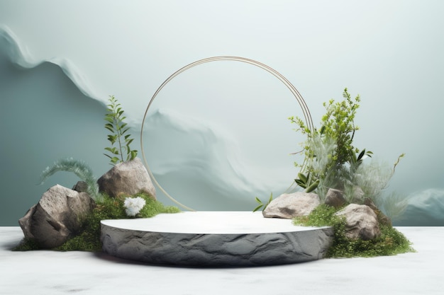 Captivating Underwater Podium Stage Showcasing Product Mockup Amidst Serene Rocks and Lush Greenery