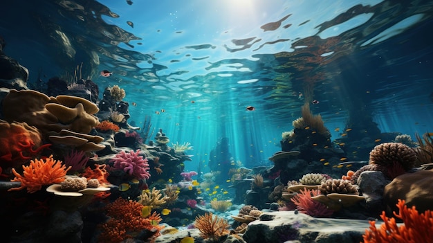 A captivating underwater shot of colourful coral reefs and marine life natural lighting sharp focu