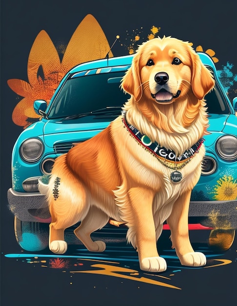 A Captivating Vector Dog Cartoon Stance Showcasing a Classic Car