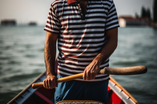 Photo captivating venice a stripedtshirted gondolier steers through the enchanting grand canal