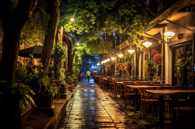 Captivating View of a Beautiful Street Restaurant in the Evening