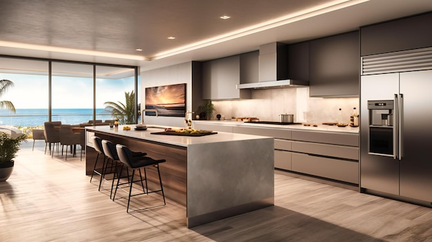 A captivating view of a modern fully equipped kitchen of a spacious beachfront villa ideal for cooking and entertaining