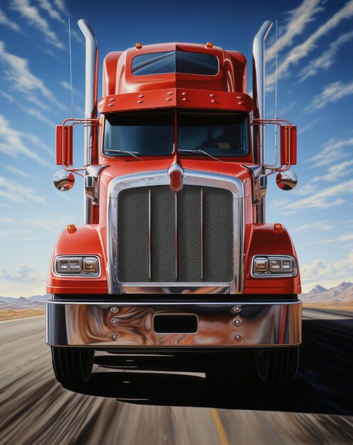 Фото Увлекательный вид на смелый красный полугрузовик, высвобождающий мощь логистики