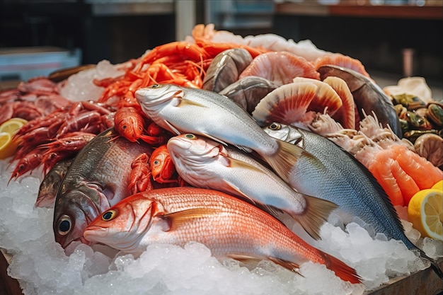活気 の ある 魚 市場 で 展示 さ れ て いる 新鮮 な 海鮮 の 魅力 的 な 画像