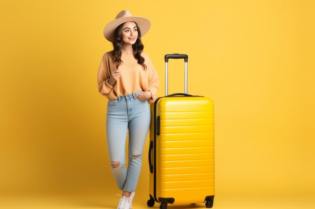 Captivating wanderlust joyful young woman embarks on air flight trip embracing summer clothes and