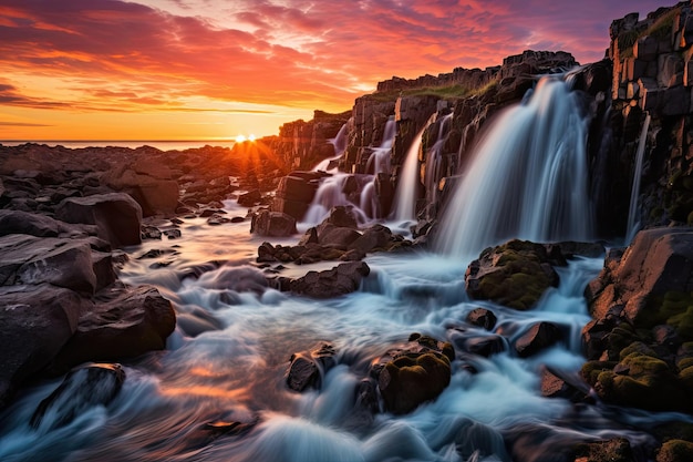 Foto affascinante cascata in uno splendido tramonto con un colorato gioco di sfumature