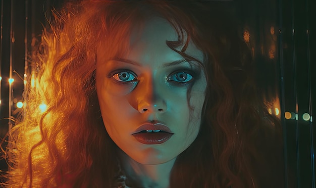 Очаровательная женщина с развевающимися рыжими волосами очаровывает пронзительным взглядом AI Generative