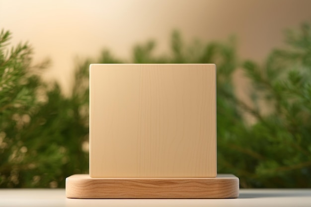 Увлекательный деревянный квадратный подиум, демонстрирующий упаковку продуктов и косметику на бежевом фоне
